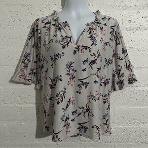 Melloday Womens Top L Gray Floral Short Sleeve Blouse V Neck AM20
